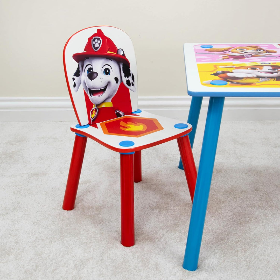 Offizielles Paw Patrol Kindertisch aus Holz und 2 Stühlen, Chase Rubble, Heimmöbel, Kindertisch für
