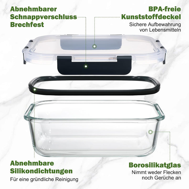 YASHE Glasbehälter mit Deckel, 10 Teile Stapelbar &amp; Luftdicht Meal Prep Boxen Glas für Spülmaschine,