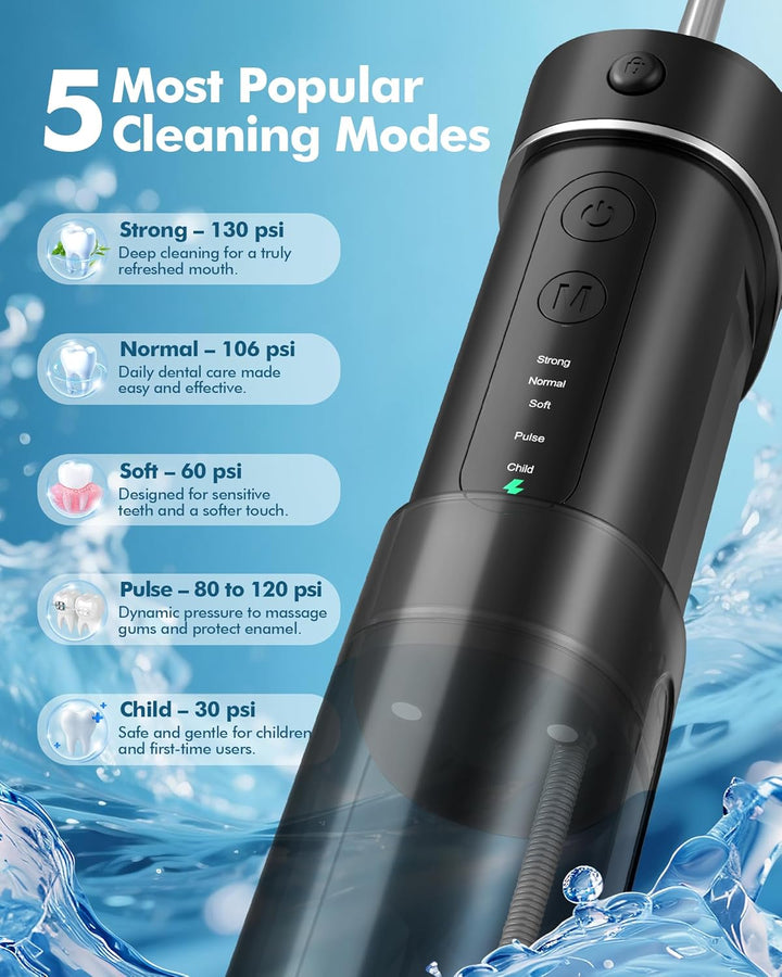 Munddusche Kabellos für Reise, Tragbarer Oral Irrigator mit Teleskop-Wassertank, 5 Reinigungsmodi, 4