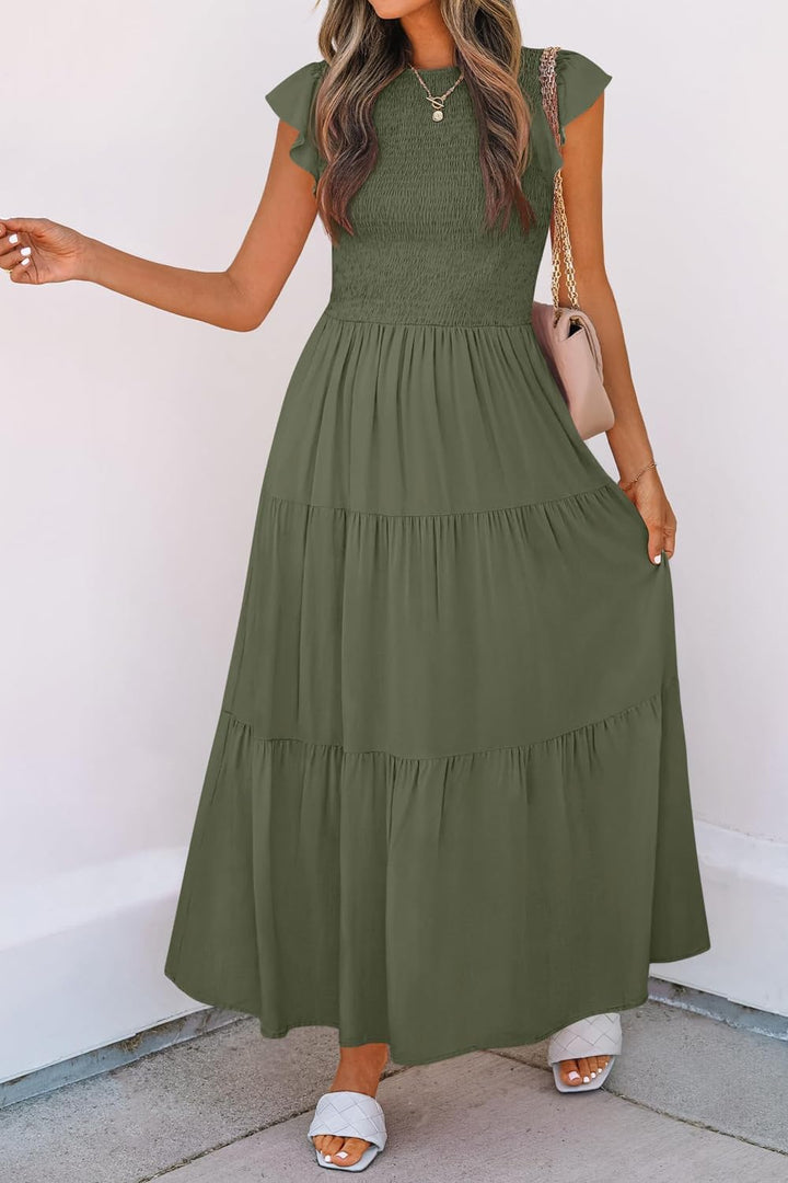 Damen Sommerkleid A Linie Kleider Kurzarm Kleid Midi Freizeitkleid L Armeegrün, L Armeegrün