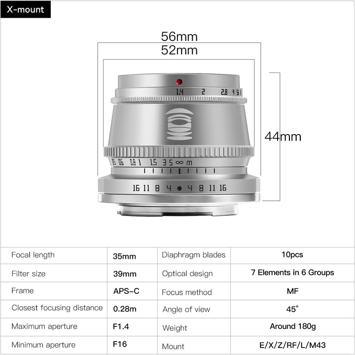 TTARTISAN 35 mm F1.4 Silber APS-C Portrait Objektiv für Sony E Mount (E-Mount, Silber) Sony E Silber