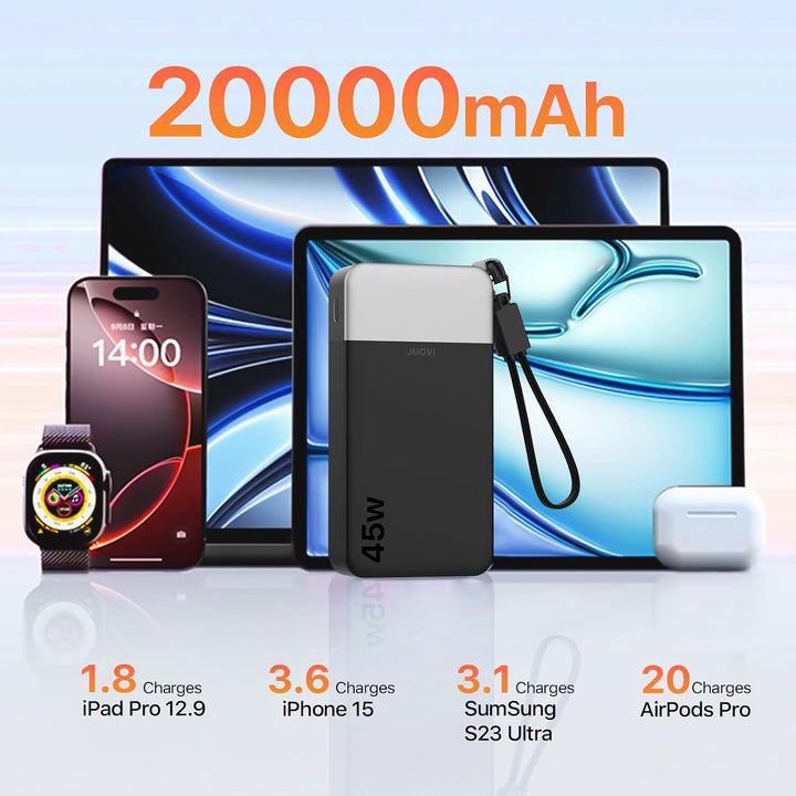JUOVI Power Bank, Powerbank 20000mAh 45W Schnellladen Externe Handyakkus Schwarz 45W with Cable, Sch