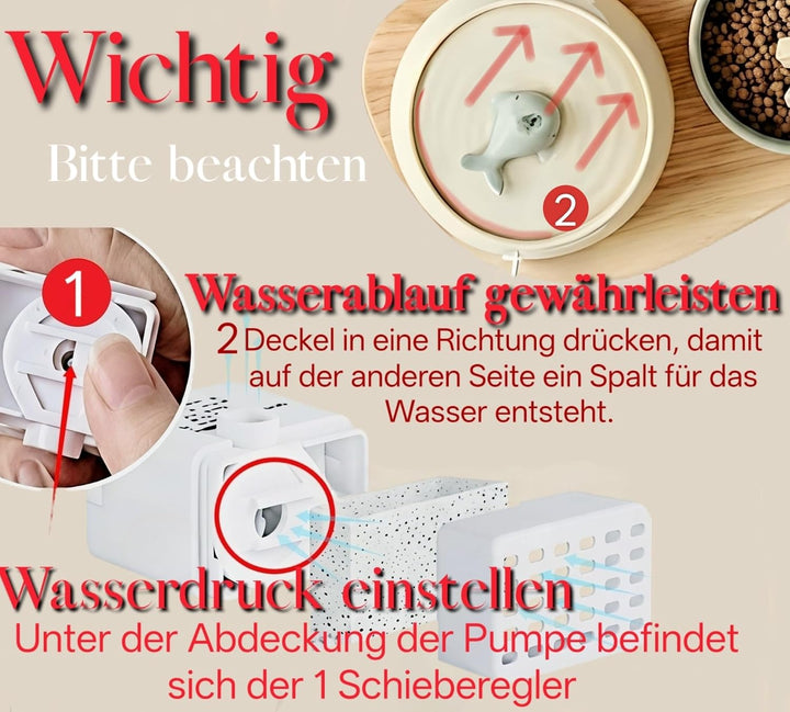 Katzenbrunnen Keramik Set mit Futternapf &amp; 3-Fach Wasserfiltersystem – 1,3L Wasserspender mit Modern