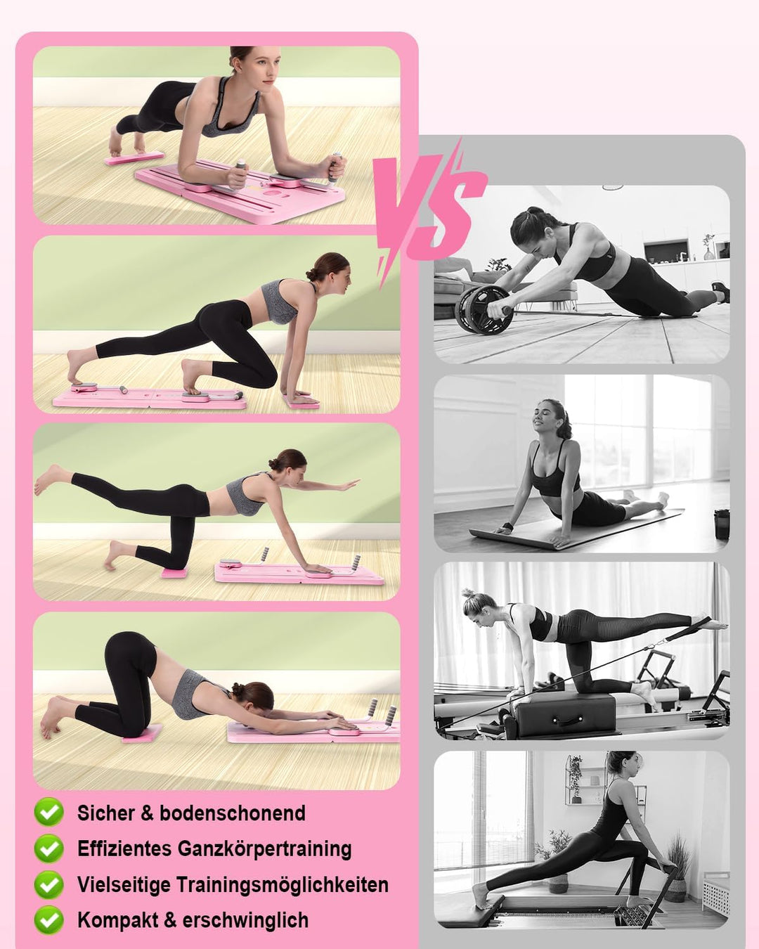 Pilates Board mit automatischem Rückprall – Faltbares Core-Trainingsgerät für Zuhause, inkl. Kniesch