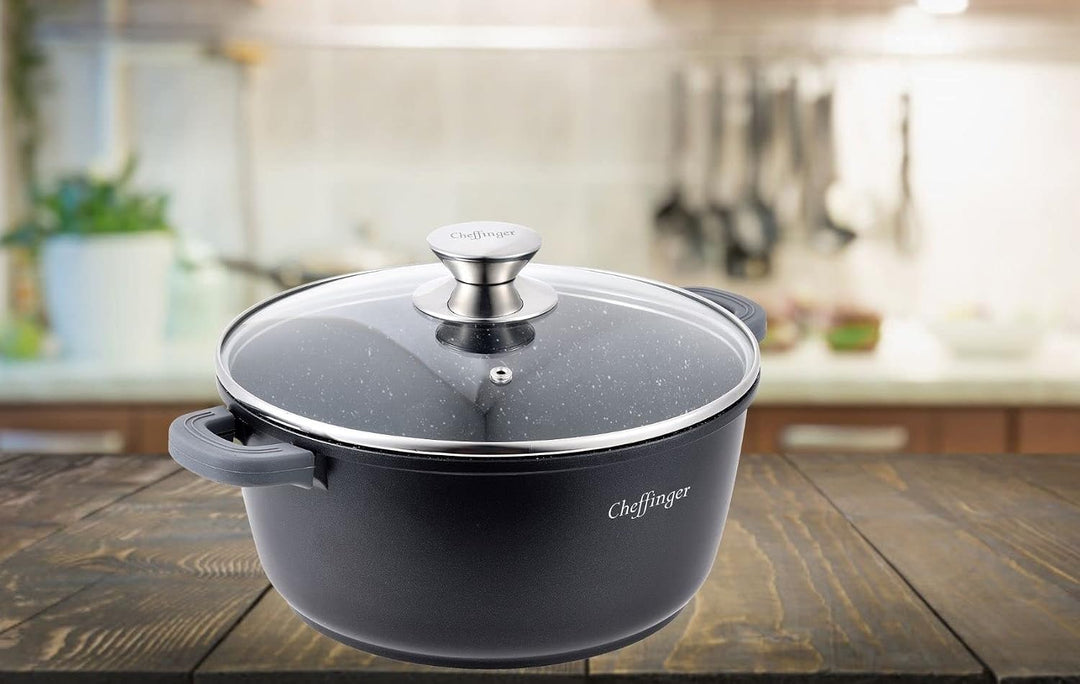 Cheffinger Kochtopf Aluguss Glasdeckel Induktion Marmorbeschichtung Suppentopf Pfanne Ø36 cm
