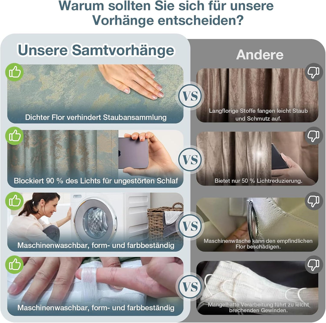 Rosnek Samtvorhang mit Kräuselband 2er Set, Golddruck, Wohnzimmer Schlafzimmer Verdunkelung Thermovo
