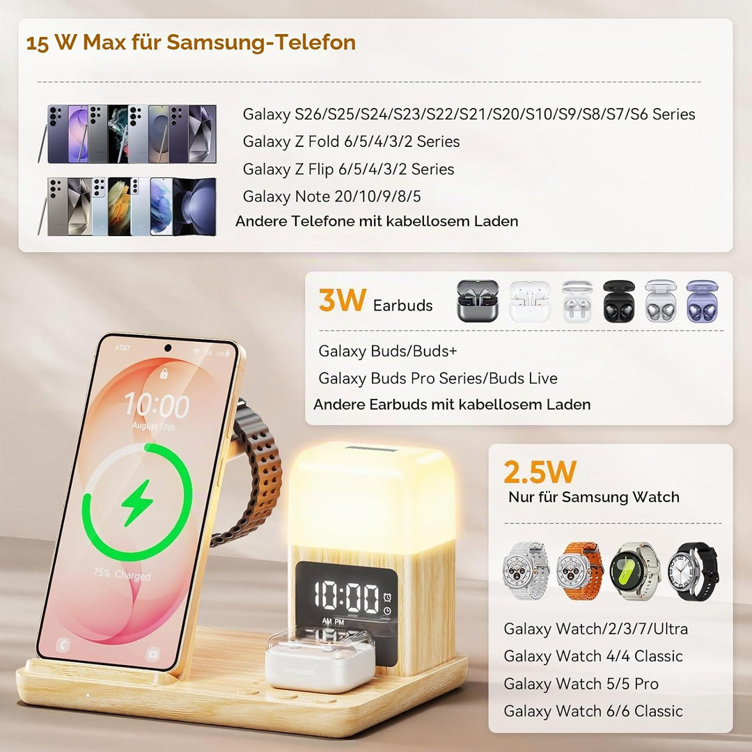 6 in1 Upgradierter Induktive Ladestation für Samsung mit Wecker &amp; 3-Farben-Licht | Wireless Charger