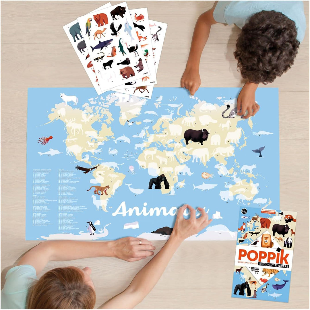 POPPIK 1841051 Sticker-Poster, Tiere der Welt, interaktives Lernposter mit Aufklebern, mehrsprachige