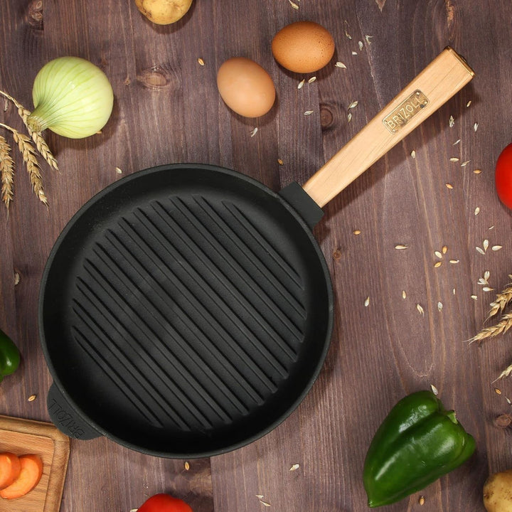 4BIG.fun Ø26cm Grillpfanne Gusseisen mit Pressdeckel Induktion Holzgriff Bratpfanne Pfanne Feuerpfan
