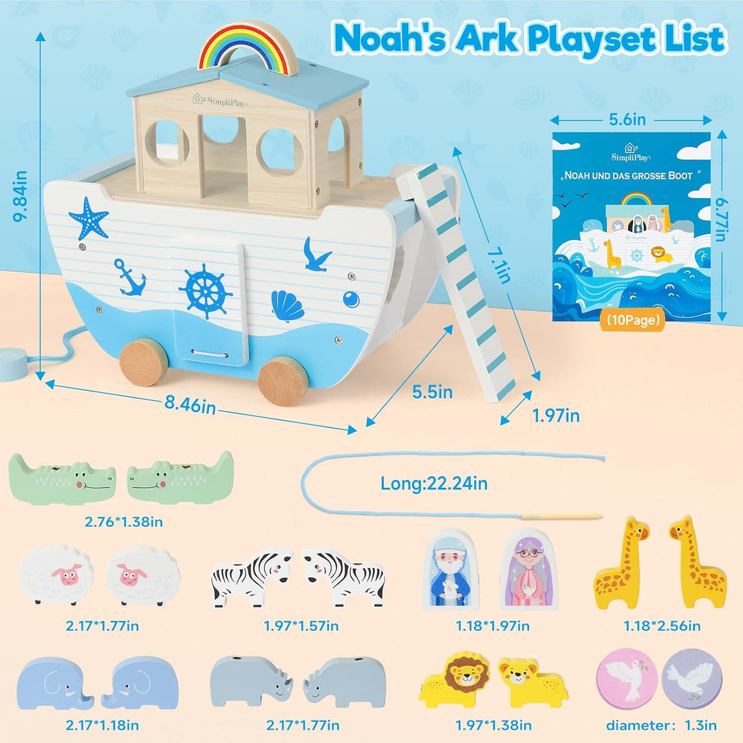 SIMPLIPLAY Holzspielzeug Arche Noah mit Geschichtenbuch Blau Arche Noah, Blau Arche Noah