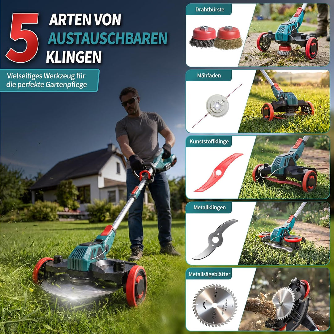 Rasentrimmer mit Akku, 21V Akku Rasentrimmer für Makita Akku, Rasentrimmer mit Unkrautbürste, 2 * 4.