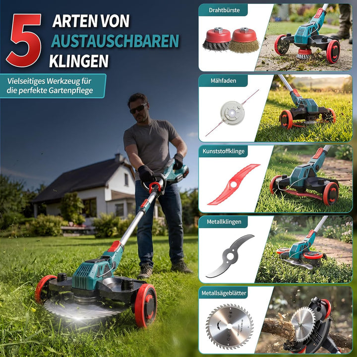 Rasentrimmer mit Akku, 21V Akku Rasentrimmer für Makita Akku, Rasentrimmer mit Unkrautbürste, 2 * 4.
