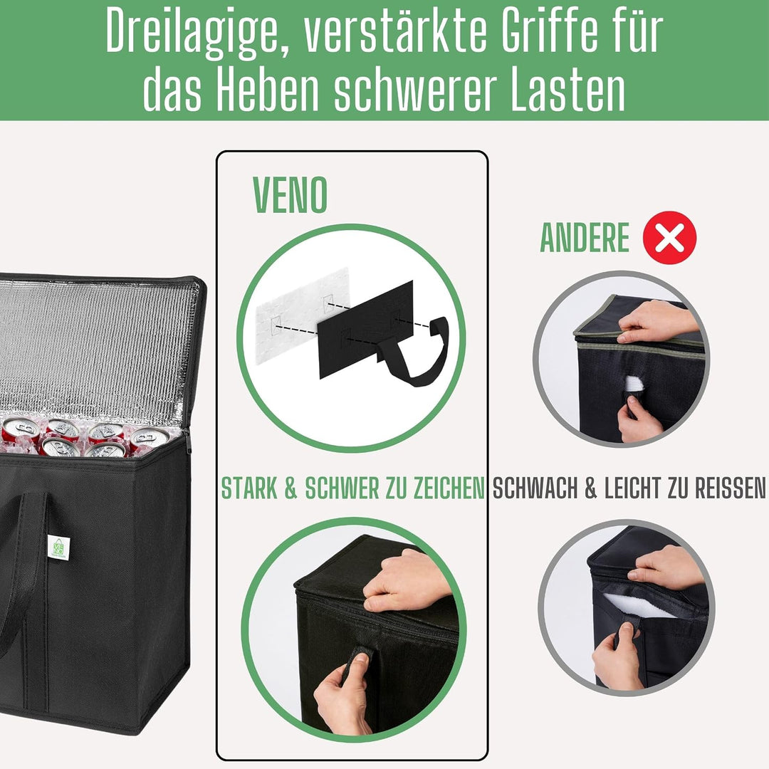 VENO 2-er Pack Wiederverwendbare Kühltasche, Isoliertasche, Einkaufstasche gross mit robuste Griffe,