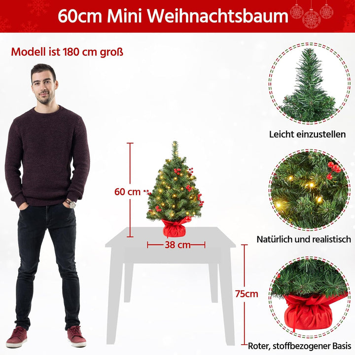 Yaheetech 50cm Mini Künstlicher Weihnachtsbaum mit 35 Warmweiss LED Beleuchtung &amp; 40 Roten Beeren Kl