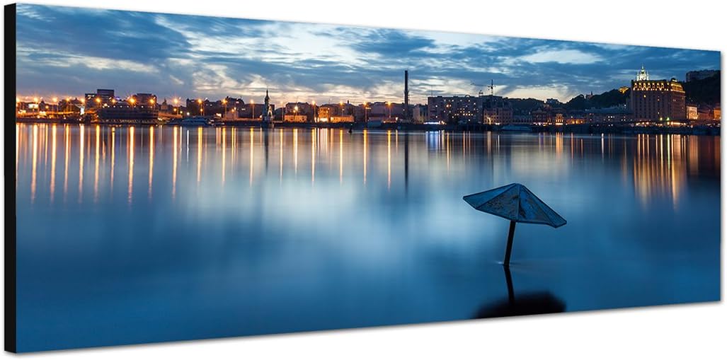 Paul Sinus Art Panoramabild auf Leinwand und Keilrahmen 150x50cm Kiew Meer Stadt Wolken Dämmerung