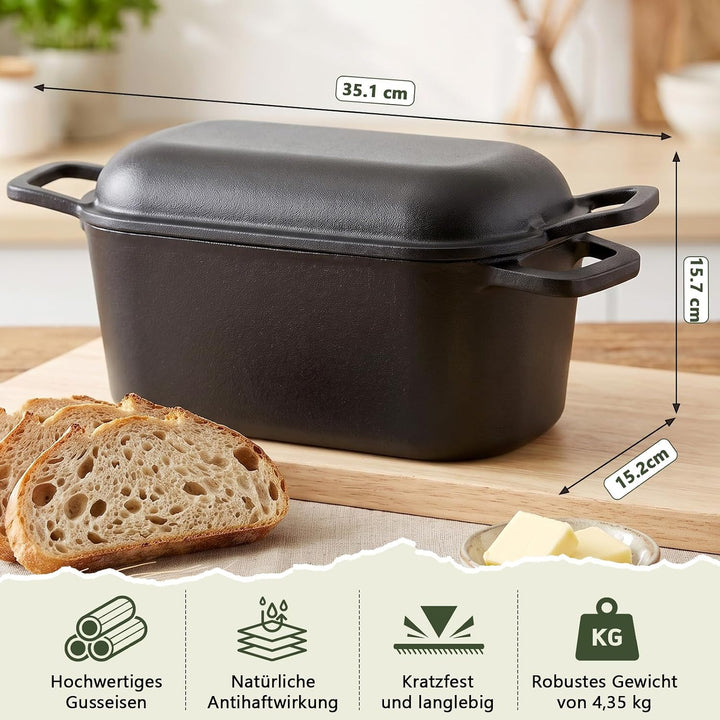 Gusseisen Topf Brot Backen 35cm, Robuste Brotbackform mit Deckel, Gusseisentopf Brotform, Idealer Br