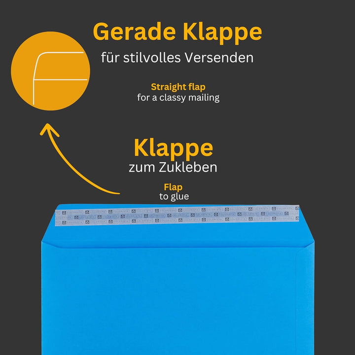 50 Stück, Farbige Briefumschläge, DIN C4, Haftklebung mit Abziehstreifen, Gerade Klappe, 130 g/qm Co