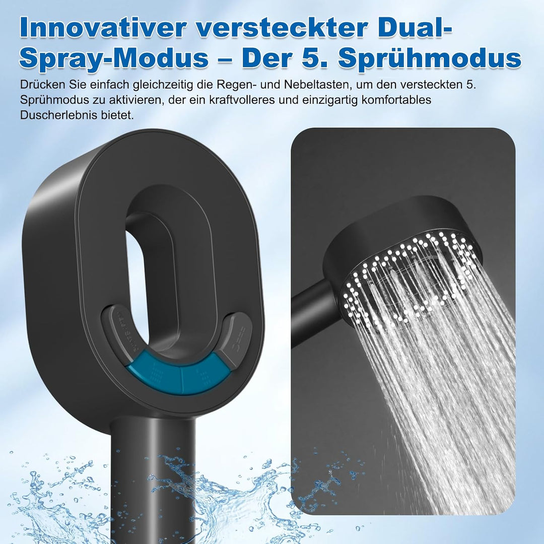 Hibbent Filter Duschkopf mit Schlauch 1,5m, 5 Strahlarten, Schwarz Schwarz Duschkopf und Schlauch mi