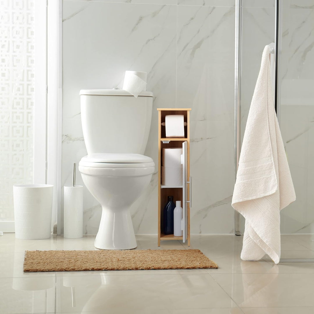 Relaxdays Toilettenpapierhalter stehend, Badezimmeregal HBT: 71x18x20 cm, MDF &amp; Bambus, WC Papier Sc