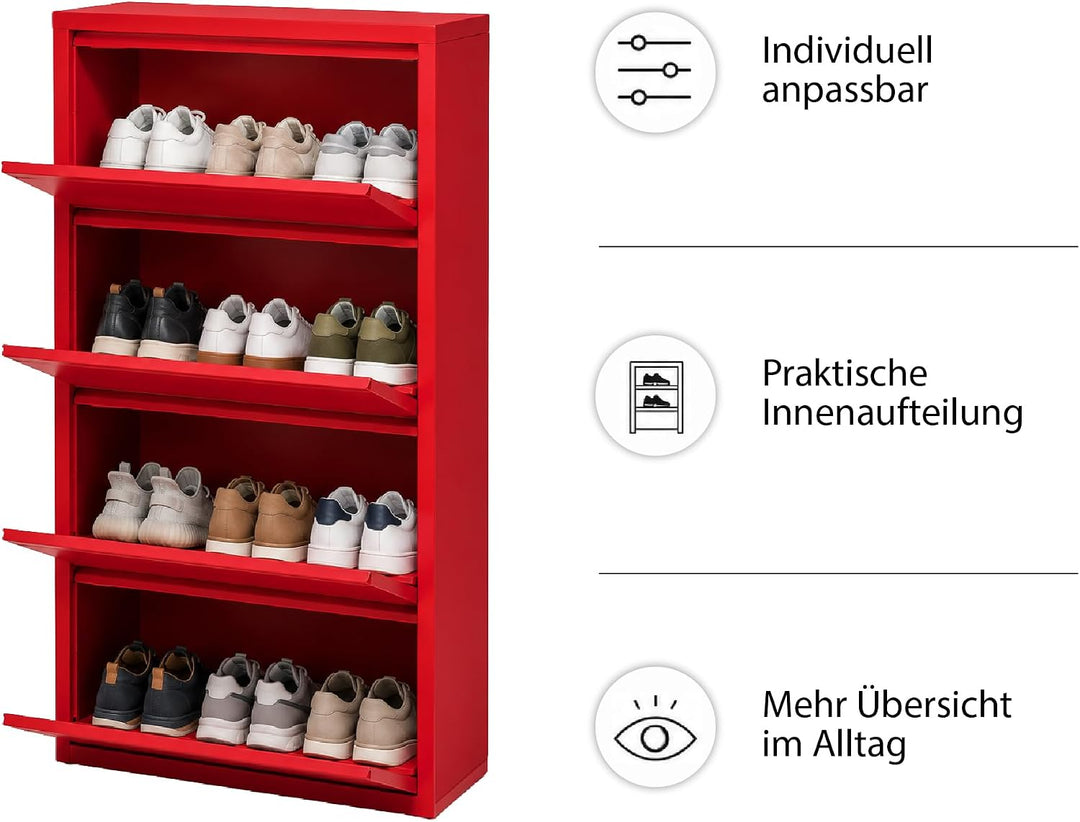 Schuhschrank Schmal, 4 Regale, Metall Schuhkipper mit Magnet-Klappen, Freistehend oder Wandmontage,