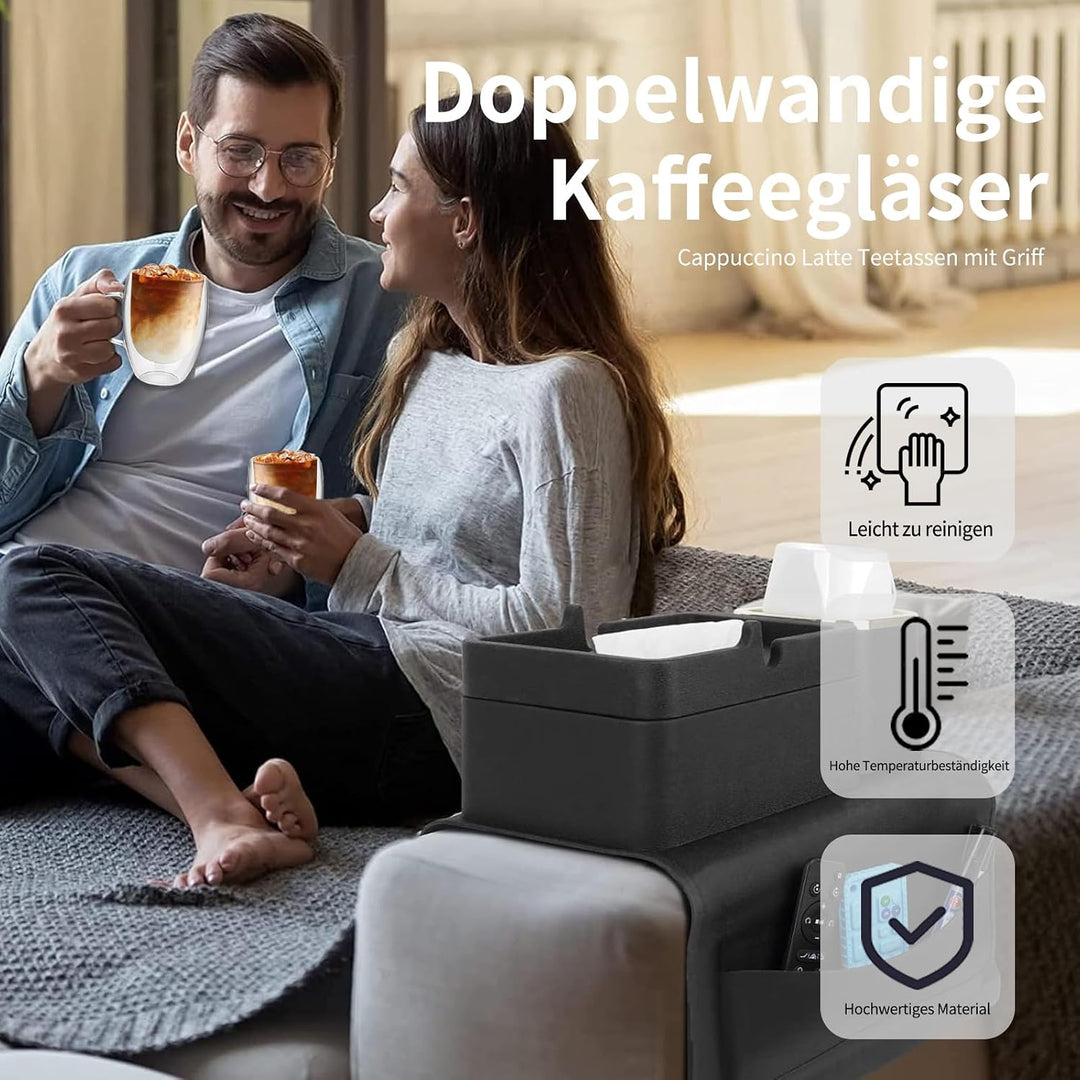 Latte Macchiato Gläser 350 ml, 6er Set, doppelwandige Kaffeegläser mit Henkel, aus Borosilikatglas,
