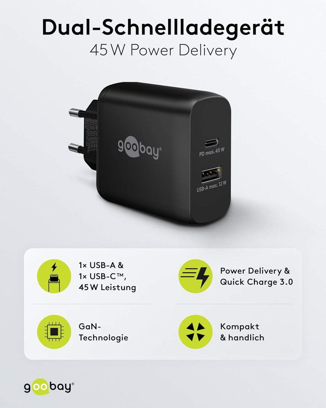 Goobay 65411 Dual Ladegerät 45W / USB-C &amp; USB-A Schnellladegerät Power Delivery/Ladenetzteil mit 2 U