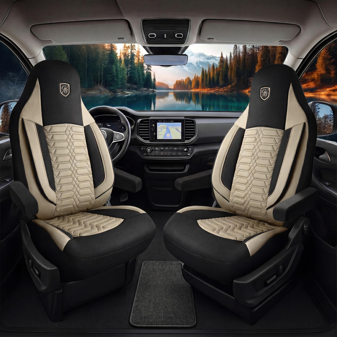 Autositzbezüge Universal für Wohnmobil &amp; Caravan - Vordersitze Auto Sitzbezug Lacoste-Stoff, Beige-S