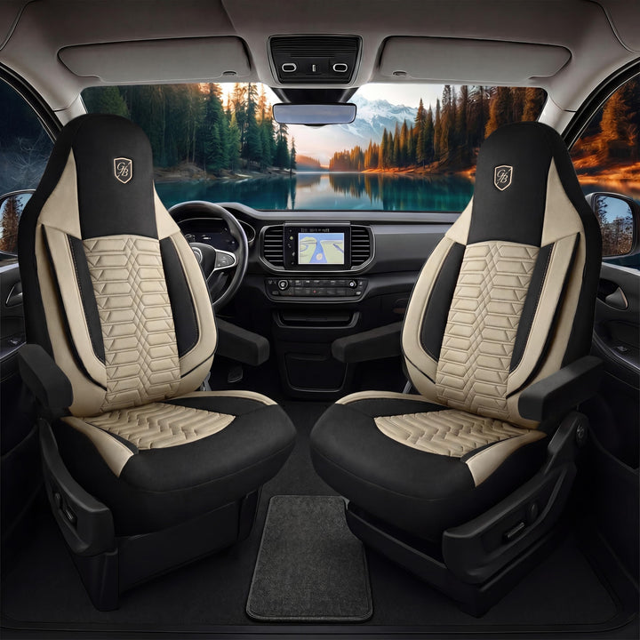 Autositzbezüge Universal für Wohnmobil &amp; Caravan - Vordersitze Auto Sitzbezug Lacoste-Stoff, Beige-S