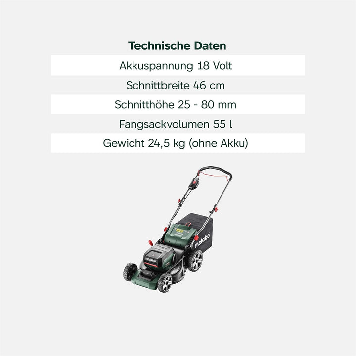 Metabo Akku-Rasenmäher mit Mulchfunktion RM 36-18 LTX BL 46 (601606650) für grosse Flächen im Garten