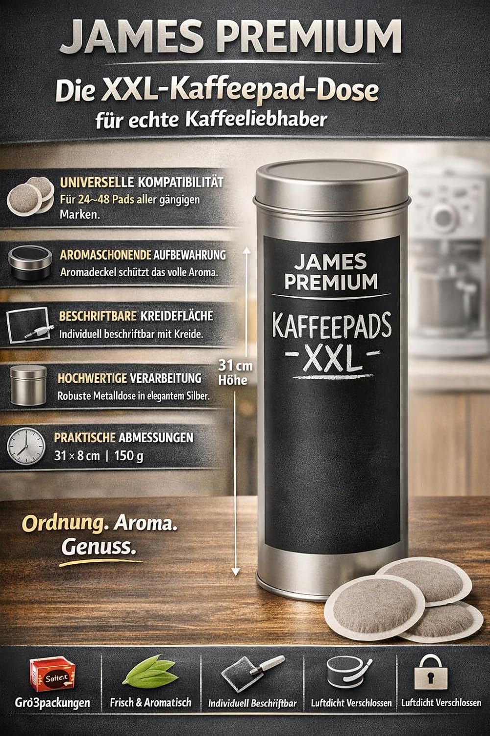 XXL Kaffeepad-Dose für bis zu 36 Pads, 31 cm, mit zwei beschriftbaren 300 ml Keramikbechern, Kreide