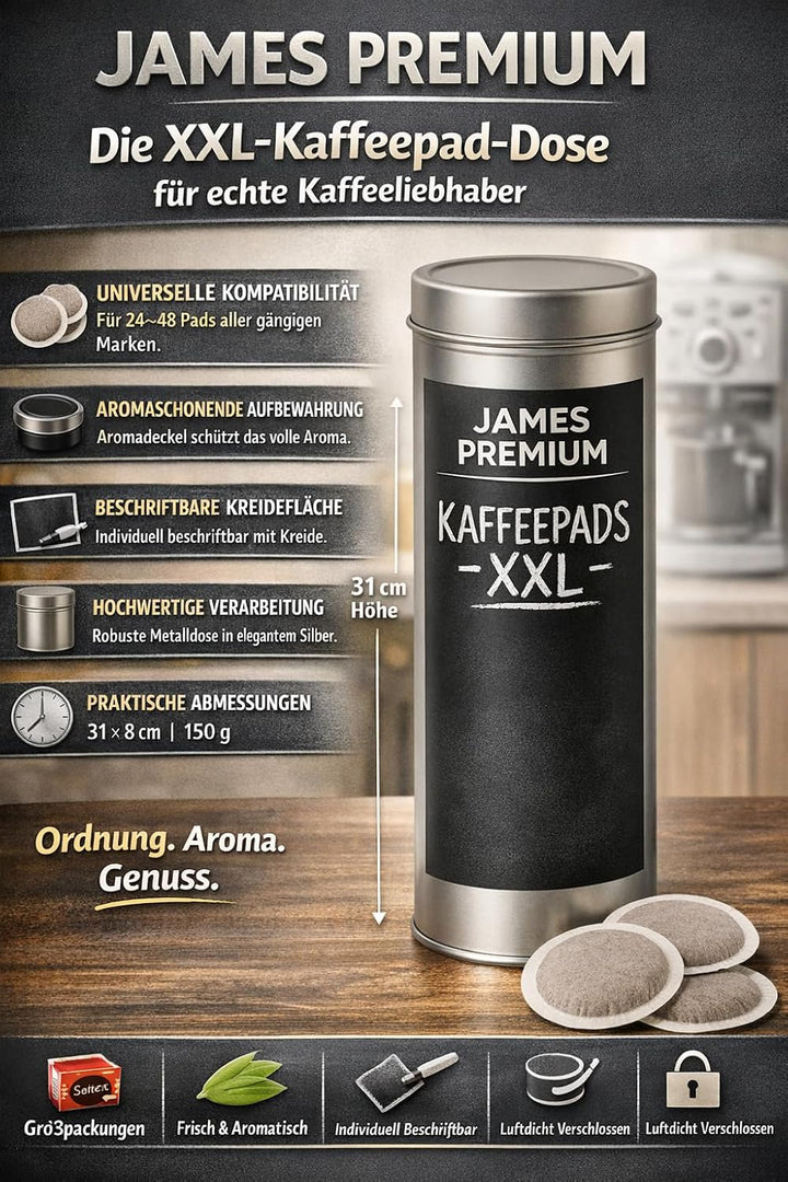 XXL Kaffeepad-Dose für bis zu 36 Pads, 31 cm, mit zwei beschriftbaren 300 ml Keramikbechern, Kreide
