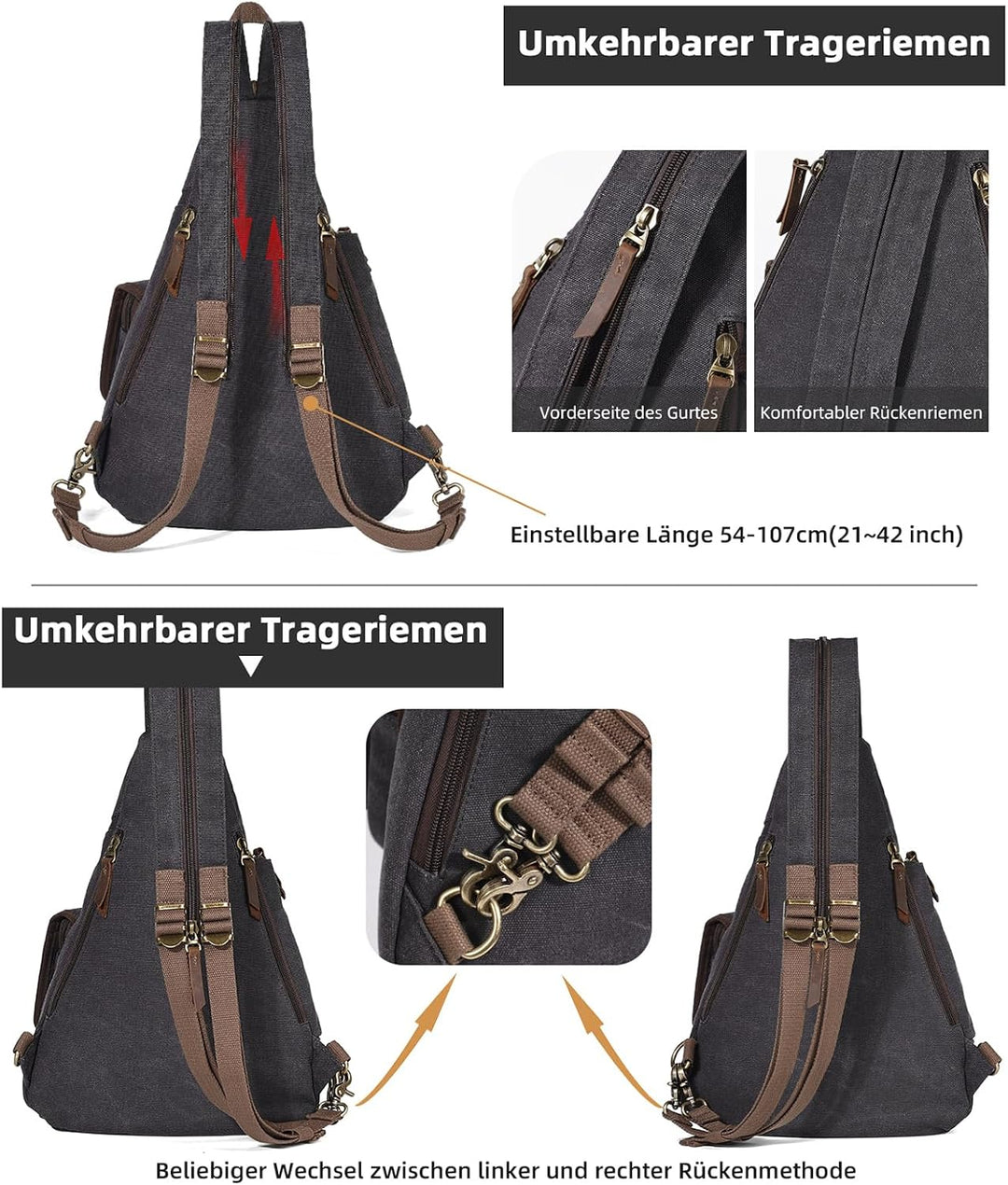 KL928 Canvas Sling Bag Herren und Damen, Crossbody Brusttasche Schulterrucksack Schultertasche Rucks
