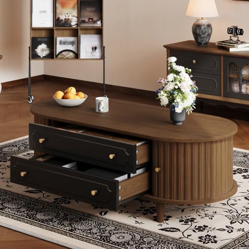 Merax Wohnzimmer Couchtisch – Walnussholz + Schwarz, 100 x 50 x 36 cm, 2 Rolltüren, 2 Schubladen, Be
