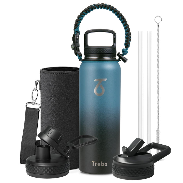 Trebo 1.2 L Edelstahl Trinkflasche Isoliert mit Paracord-Griff &amp; 3 Deckeln Indigoschwarz 1183 ml, In