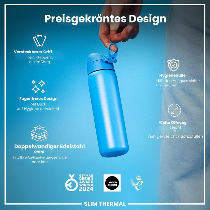 ION8 Vakuumisolierte Edelstahl-Trinkflasche, 500 ml, Auslaufsicher, Einhandöffnung, Sichere Verriege