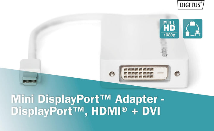 DIGITUS DisplayPort Verteilerkabel, miniDP - DP+HDMI+DVI St/Bu, 0.2m, DP 1.1a kompatibel, Weiss Full
