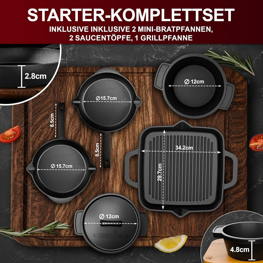 Dutch Oven Set 11-teilig – bereits eingebranntes Gusseisen Topf Set – Bratpfanne, Grilltopf, Deckelh