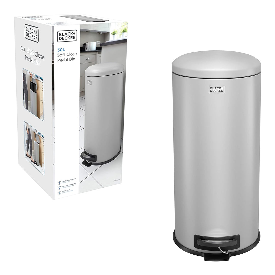 Black+Decker Treteimer mit Absenkautomatik, 30 l, Edelstahl, Grau