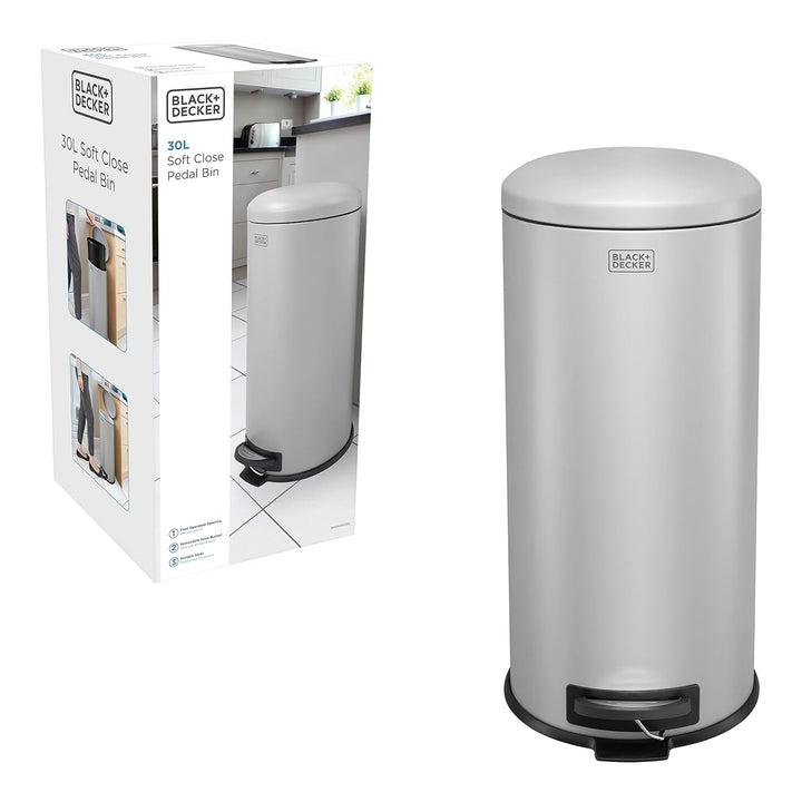 Black+Decker Treteimer mit Absenkautomatik, 30 l, Edelstahl, Grau
