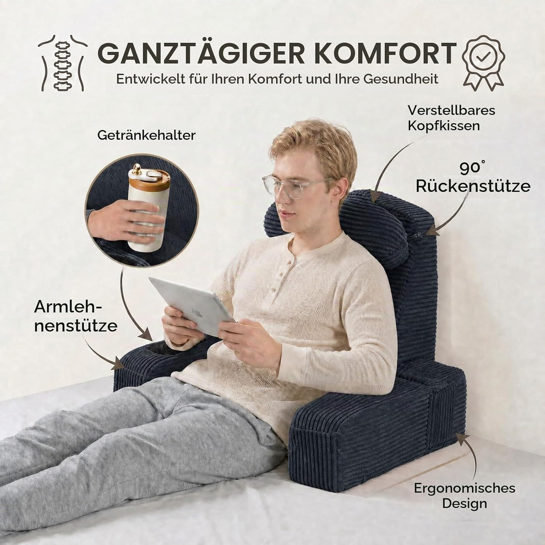 Lesekissen für Erwachsene - Rückenkissen fürs Bett mit abnehmbaren Armlehnen, Getränkehalter &amp; Handy