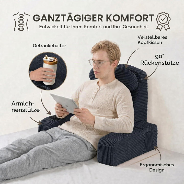 Lesekissen für Erwachsene - Rückenkissen fürs Bett mit abnehmbaren Armlehnen, Getränkehalter &amp; Handy