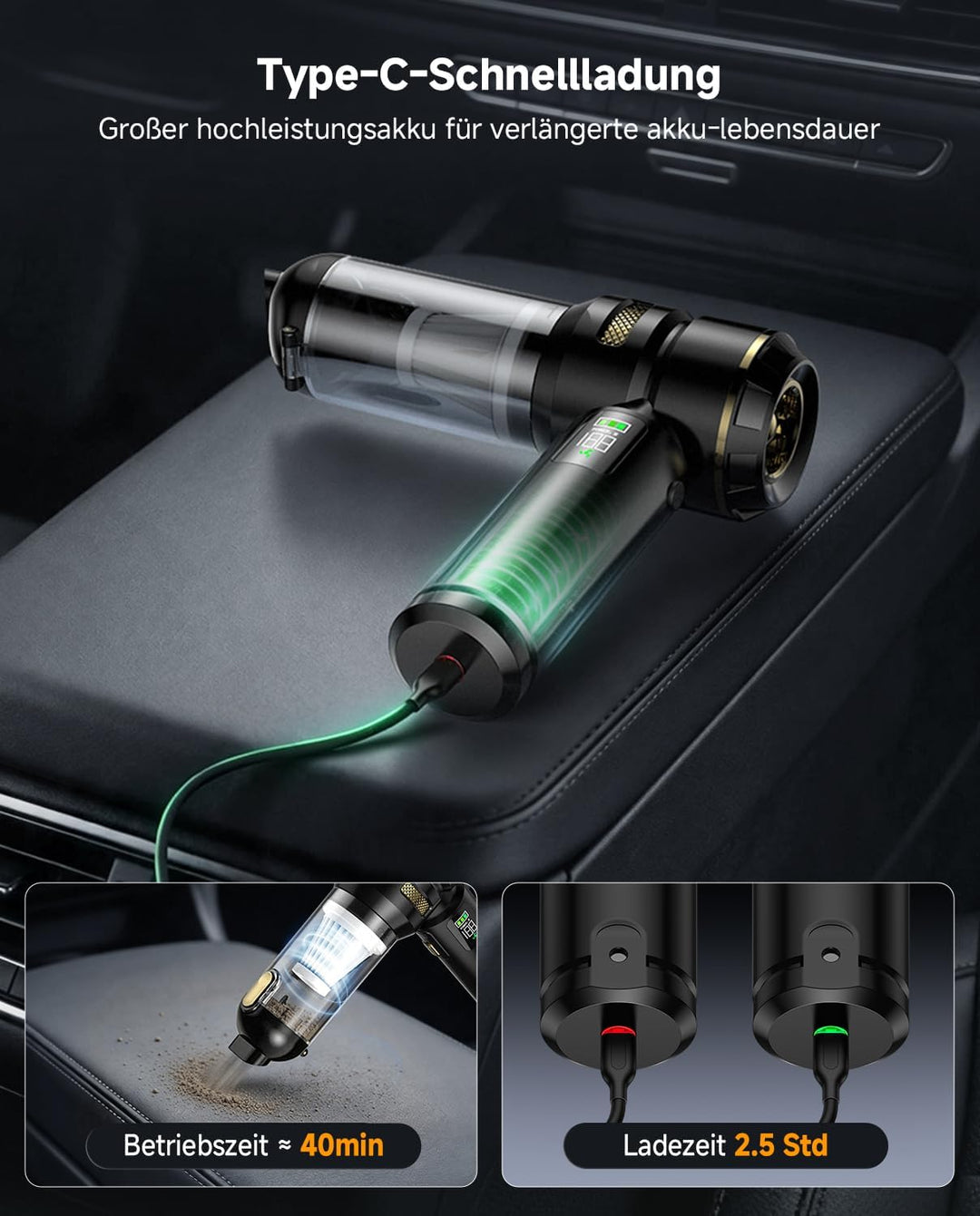 Handstaubsauger, 26000Pa Akku Staubsauger Kabellos mit LCD Display Schwarz, Schwarz