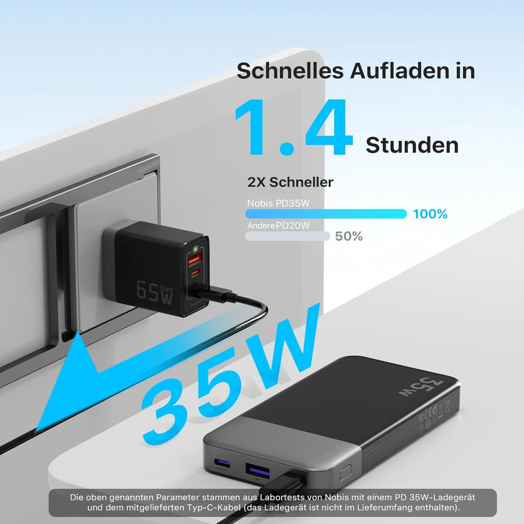 NOBIS 35W Power Bank 10000mAh, Externer Akku mit Digitalanzeige, USB C Ladegerät Schnellladen PD QC,