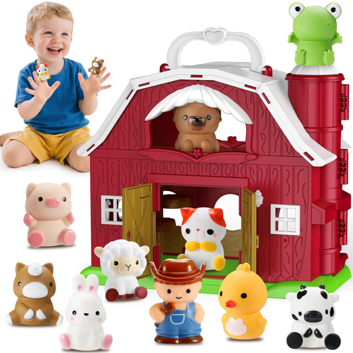 HappyKidsClub Montessori Bauernhof Spielzeug ab 1-4 Jahre, Aufklappbare Scheune Spielhaus für Kleink