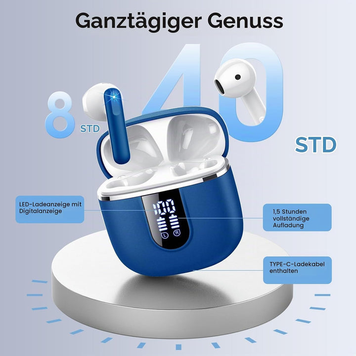 Bluetooth Kopfhörer 5.4, Kopfhörer Kabellos Bluetooth In Ear mit 6D Stereo Blau, Blau