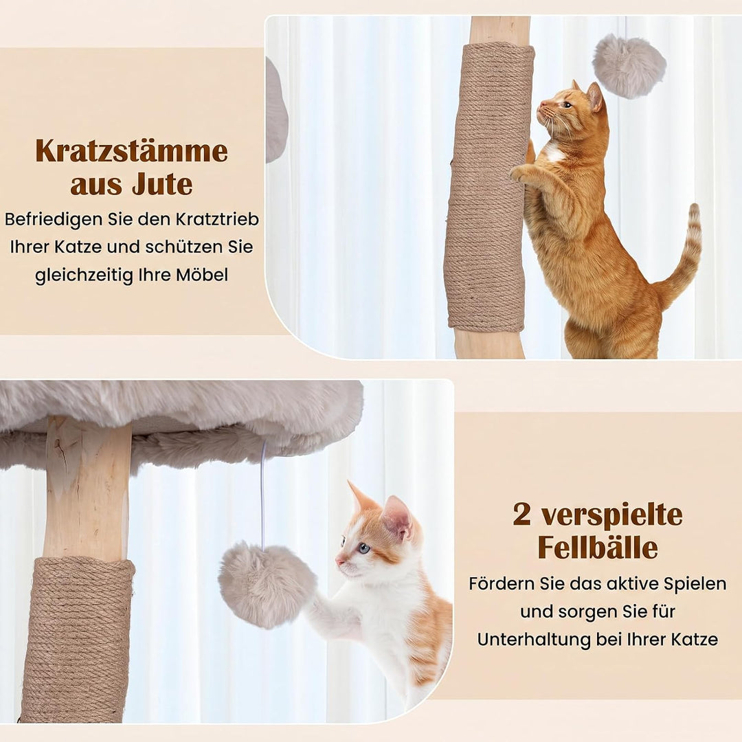 COSTWAY Kratzbaum Holz, 147 cm hoch, Katzenbaum mit Katzenhöhle, Beige