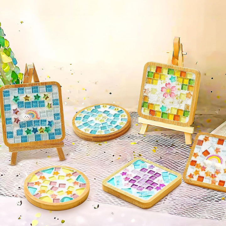 14 Stück Mosaik Bastelset Kinder, DIY Farben Holz Mosaiksteine Untersetzer