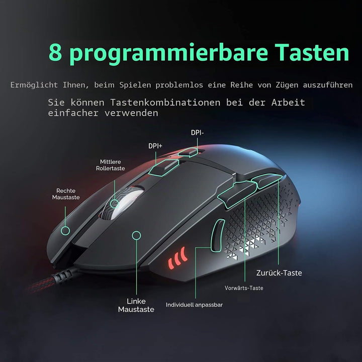 Gaming Maus Kabel Ergonomisch USB Laptop PC Gamer Maus 7200 DPI Optischer Sensor 8 Programmierbar Ta