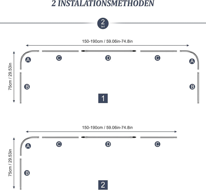 Misounda Duschvorhangstange Form U Ecke Halterung 75×(150-190)×75 cm - Duschstange Für Duschvorhang