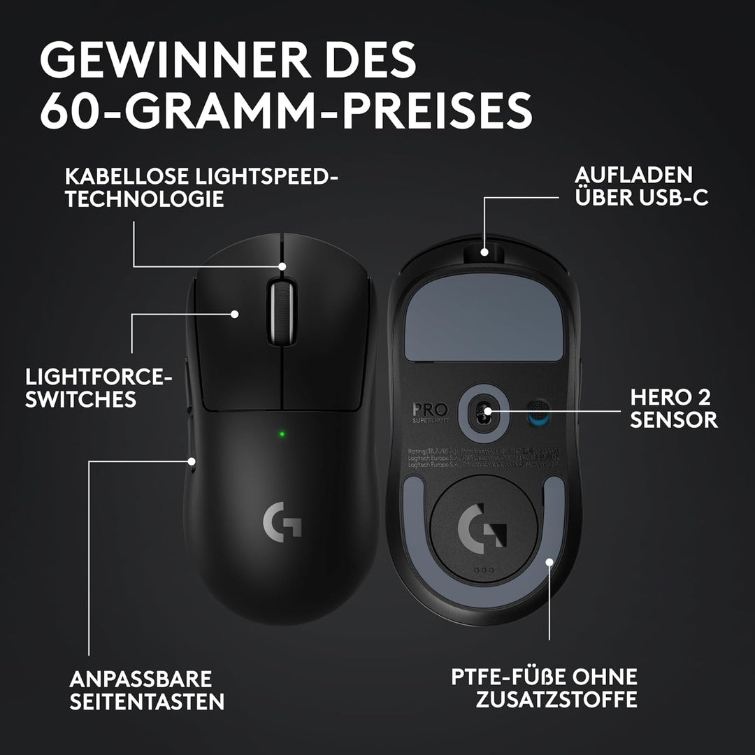 Logitech G PRO X Superlight 2 Lightspeed Kabellose Gaming-Maus, Lightweight, LIGHTFORCE Hybrid-Schal